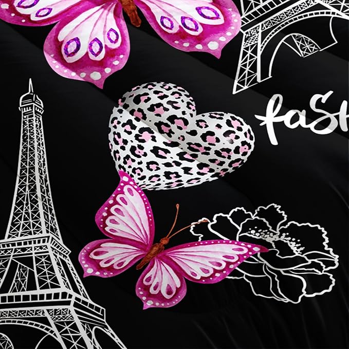 Pink Butterfly Comforter King Bedding Sets for Girls, Eiffel Tower Leopard Heart Pattern Bedding Sets with 2 Pillowcases,Aesthetic Bedding for Women Girls Bedroom Paris Decor.