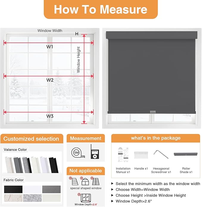 AOSKY No Drill Cordless Blackout Roller Shades with Valance,Customize Blinds for Indoor Windows,Room Darkening Window Shades Pull Down with Free-Stop Spring System, UV Protection for Home Grey