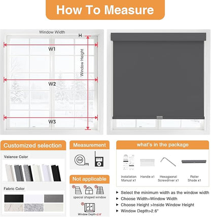 AOSKY No Drill Cordless Blackout Roller Shades with Valance,Customize Blinds for Indoor Windows,Room Darkening Window Shades Pull Down with Free-Stop Spring System, UV Protection for Home Grey