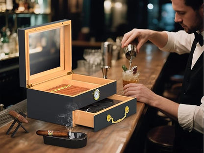 Cigar Humidor Box - Spanish Cedar Small Table Top Humidors for 20-50 Cigars with Accessories and Humidifier - Storage Drawer - Modern Desktop Cigar Holder for Men - Portable Travel Case Dark Gray