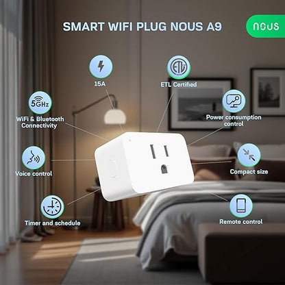 NOUS Wi-Fi Smart Plug 15A, Dual-Band 2.4GHz & 5GHz, Energy Monitoring, Compatible with Alexa, Google Home, Tuya Smart App, Remote Control, Timer, Compact Design, Smart Outlet, 4 Pack