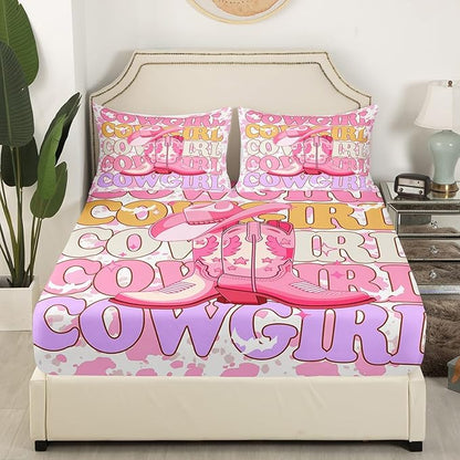 Cowgirl Boots Fitted Sheet Western Ethnic Tribal Cowgirl Hat Bed Sheet Set for Kids Children Teens Rustic Pink Cowhide Retro Cow Fur Print Bed Cover Toddler Bedroom Decor,Twin Size