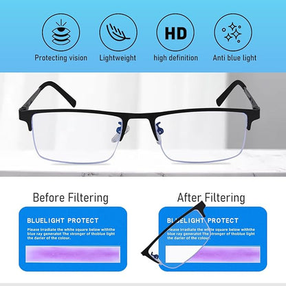 3-Pack Reading Glasses for Men, Lightweight Metal Half Frame Blue Light Blocking Computer Readers