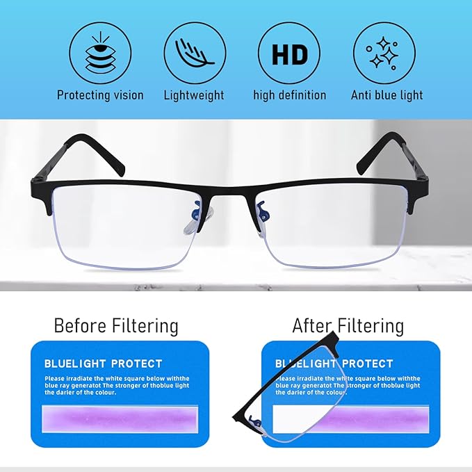 3-Pack Reading Glasses for Men, Lightweight Metal Half Frame Blue Light Blocking Computer Readers