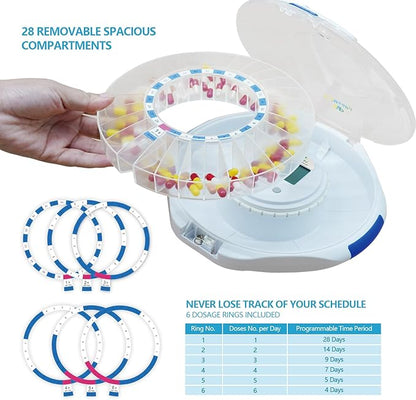 EziMedPil Automatic Pill Dispenser for Elderly & Alzheimer’s Care w/Audio & Visual Alerts, up to 6 Alarms/Day, Easy-Read LCD Display, 6 Dosage Templates, Lock Key for Vitamins, Clear Lid