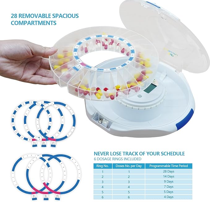 EziMedPil Automatic Pill Dispenser Frosted Lid with Alarm, Sound & Light, up to 6 Alarms/Day, 6 Dosage Templates, LCD Display, Key Locked 28-Day Medication Dispenser for Protecting Pills Privacy