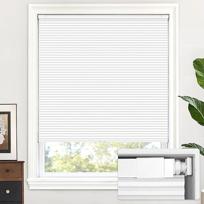 LazBlinds Cordless Cellular Shades, No Tools No Drill Blackout Honeycomb Shades Pleated Blinds for Windows, 22'' W x 48'' H, Silver White