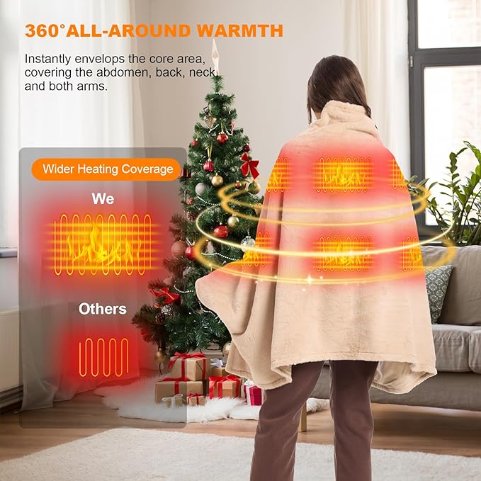 16000mAh Heated Blanket Battery Operated Soft Cordless Heated Blanket Shawl Portable Heated Throw Blanket Poncho Wraps Fast Heating with 3 Heat Levels 6 Heating Zones