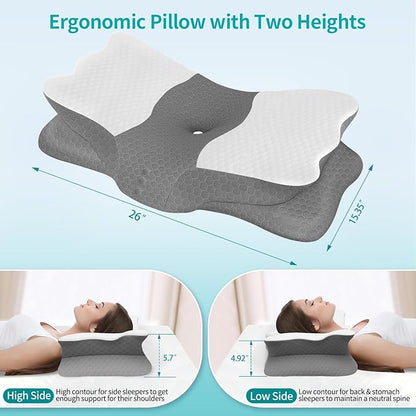 Cervical Neck Pillow for Neck Pain Relief - Memory Foam Ergonomic Neck Support Pillows for Sleeping with Cooling Pillowcase, Orthopedic Contour Pillow for Side, Back and Stomach Sleepers