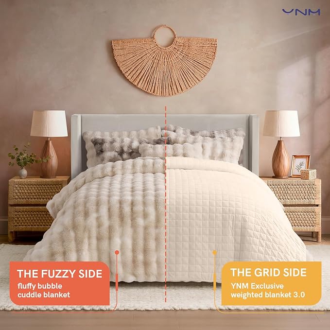 YnM Ultra-Soft Weighted Blanket, Fluffy Bubble Cuddle Heavy Bed Blanket, Plush Faux Fur Big Comforter, Soft & Warm Home Decor Piece (Tie-dye Khaki, 90''x90'' 20lbs, Full/Queen)