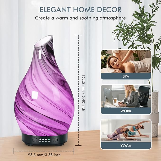 Essential Oil Diffuser Aroma Diffuser- 200 ml Art Glass Ultrasonic Cool Mist Oil Diffuser for Aromatherapy Auto Shut-Off Protection & 7 Colors Changed LED Light for Home Office Decor & Gift (200ml)