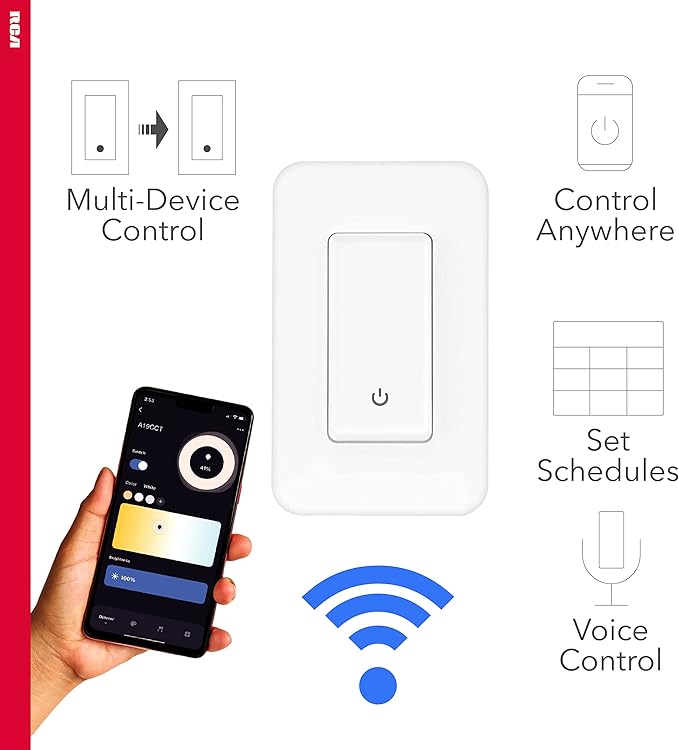 RCA 3-Way Smart Light Switch | Home Décor Smart Wall Switch 600W LED | Wireless Light Switch | Create Schedules via RCA App or WiFi Enabled Voice Control Google Assistant & Alexa Devices for Home