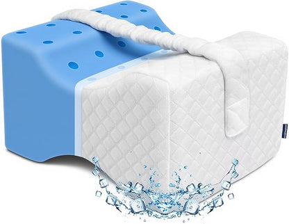 KingPavonini Cooling Knee Pillow for Side Sleepers, Gel Memory Foam Leg Pillows for Side Sleeping with Ice Silk Cover and Strap, Knee Pillow for Back Hip Pain, Spine Aligning, Sciatica, Pregnancy
