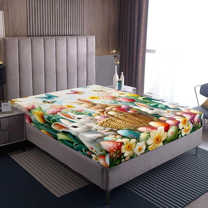 Happy Easter Bed Sheet Queen Size Cute Rabbits Eggs Floral Bedding Set Butterfly Spring Tulip Fitted Sheet Kids Boys Girls Room Decor Colorful Soft Sheets with 2 Pillowcase,No Top Flat