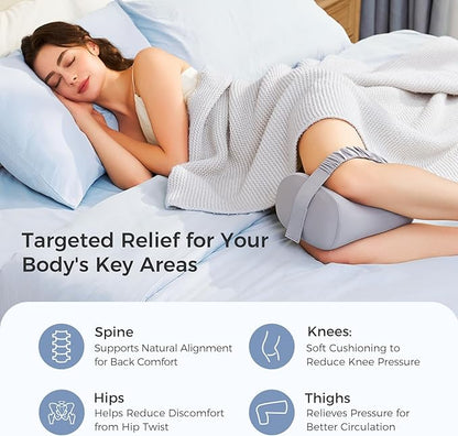 Momcozy Knee Pillow for Side Sleepers, Soft Memory Foam & Pinch-Free Design, Relieve Knee, Leg and Sciatica Pain, Adjustable Elastic Strap Ideal for Pregnant Women and Seniors, Cooling Cover, Gray