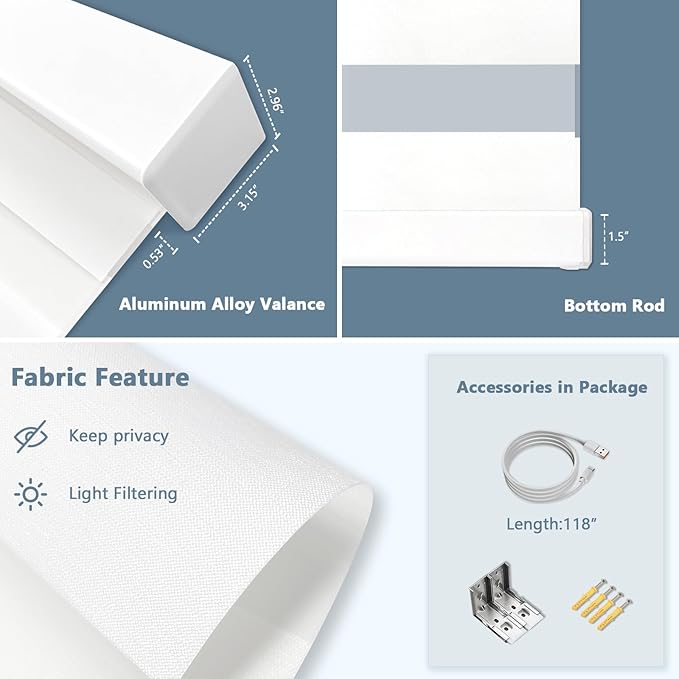 Motorized Zebra Blinds for Windows Cordless Electric Curtains with Remote Control Blackout Shades Custom Smart Blinds Compatible with Alexa Google Home(Light Filtering White,W55 X 72in)