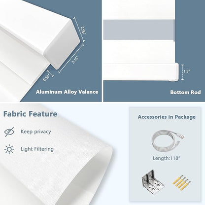 Motorized Zebra Blinds for Windows Cordless Electric Curtains with Remote Control Blackout Shades Custom Smart Blinds Compatible with Alexa Google Home(Light Filtering White,W48 X 72in)