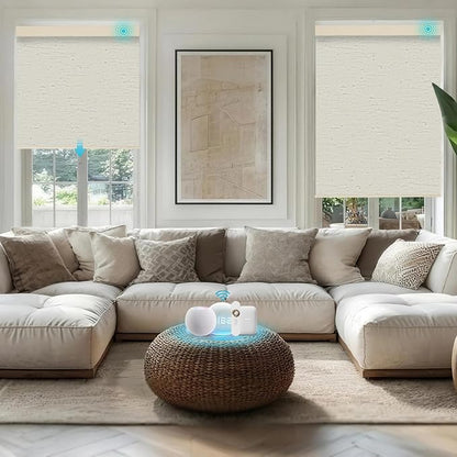 Motorized Blinds with Remote, 100% Blackout Smart Blind Roller Shades Compatible with Alexa Homekit, Automatic Electric Shades for Windows Customized Size（Linen Cream）