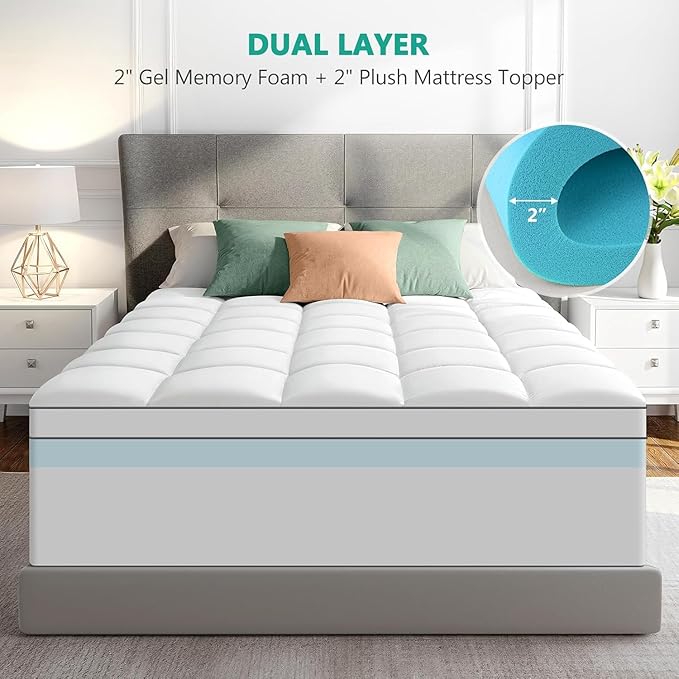 Dual Layer 4 Inch Memory Foam Mattress Topper Full Size - 2 Inch Cooling Gel Memory Foam Plus 2 Inch Pillow Top Thick Mattress Pad - Pressure-Relieving Comfort
