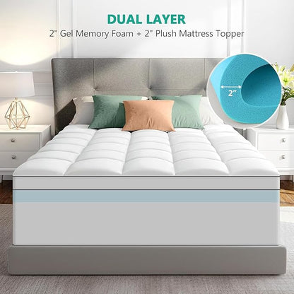 Dual Layer 4 Inch Memory Foam Mattress Topper California King Size, 2 Inch Cooling Gel Memory Foam Plus 2 Inch Pillow Top Thick Mattress Pad