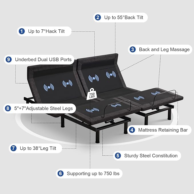 Vipbear Split King Adjustable Beds with Thickened Frame, Adjustable Bed Frame with Pillow-Tilt,Separate Head/Foot Lift,Smart APP Control, Massage, Zero Gravity, Anti-Snore, Wireless Remote,USB Ports