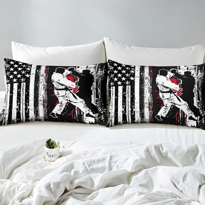 Manfei Jiujitsu Fitted Sheet Queen Size, American Flag Print Bedding Set 3pcs, Japanese Judo Sports Bed Cover with 2 Pillowcases, Kids Boys Teens Adults Room Decor, Soft Bedding(No Top Sheet)