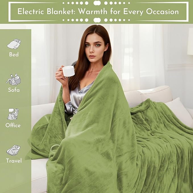Electric Heated Blanket 72"x84" Full Size Flannel Heated Blanket, Cozy & Warm for All Night, 4 Heat Settings & 10 Hours Auto Off, Machine Washable, Green