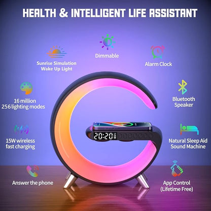 Smart LED Table Lamp,4 in 1 Night Light,Wireless Charger,Alarm Clock and Bluetooth Speaker with App Control Color Changing Atmosphere Table Lamp for Bedroom, Office, Home Decor