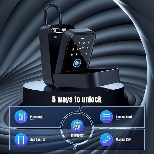 Smart Key Lock Box, Bluetooth Fingerprint Lock Box with Tuya APP Control, Fingerprint Recognize & Multiple Code Types, Security Key Lock box for Outside, Owner, Realtor, Airbnb (New Version)