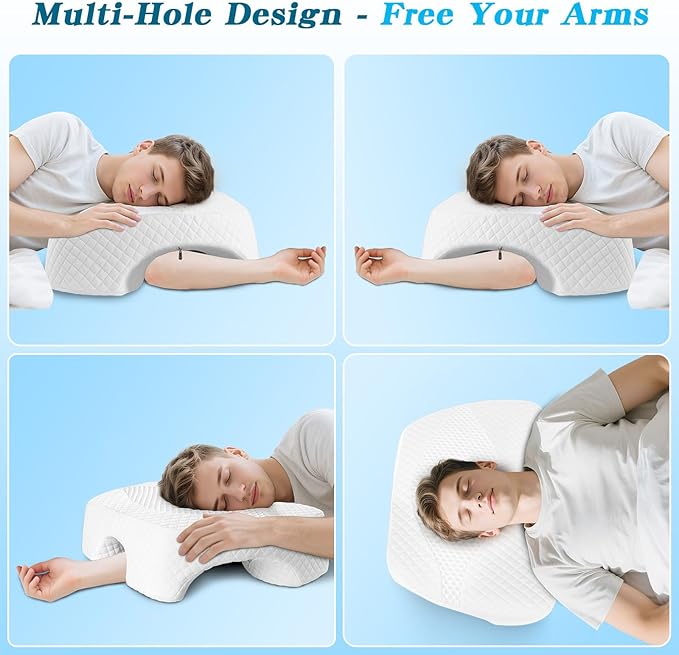Side Sleeper Pillow with Arm Hole, Upgraded Height Arm Pillow for Larger Frames, Shoulder Relief System, Premium Memory Foam, Suitable for Side, Back and Stomach Sleepers - White