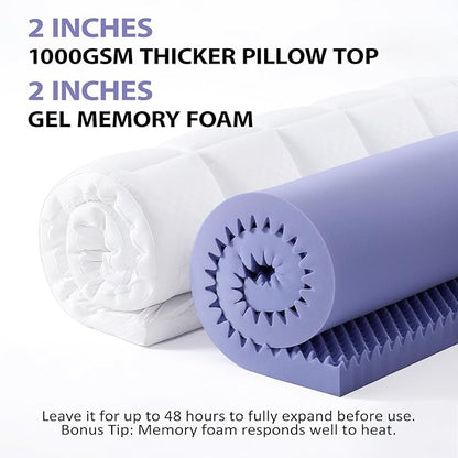 downluxe 4 Inch Full Size Memory Foam Mattress Topper Pro Dual Layer 2 Inch Cooling Gel Egg Crate Memory Foam Plus 2 Inch Pillow Top Medium Firm with Deep Pocket