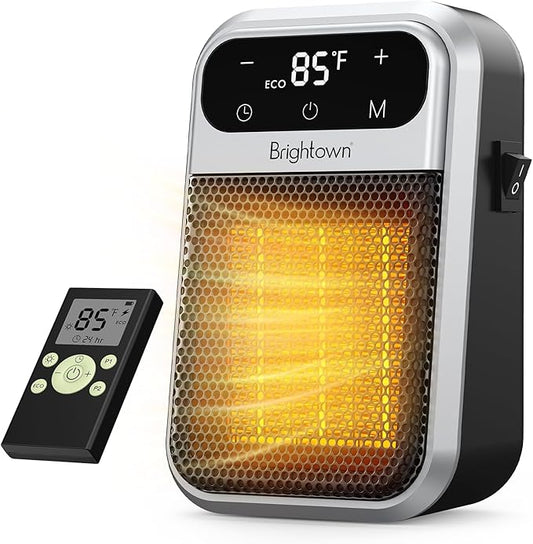 Brightown 800W Plug in Heater with Remote - Outlet Space Heater with Touch LED Display, Small Electric Wall Heaters for Indoor Use with Adjustable Thermostat and 12H Timer for Bathroom Office Bedroom