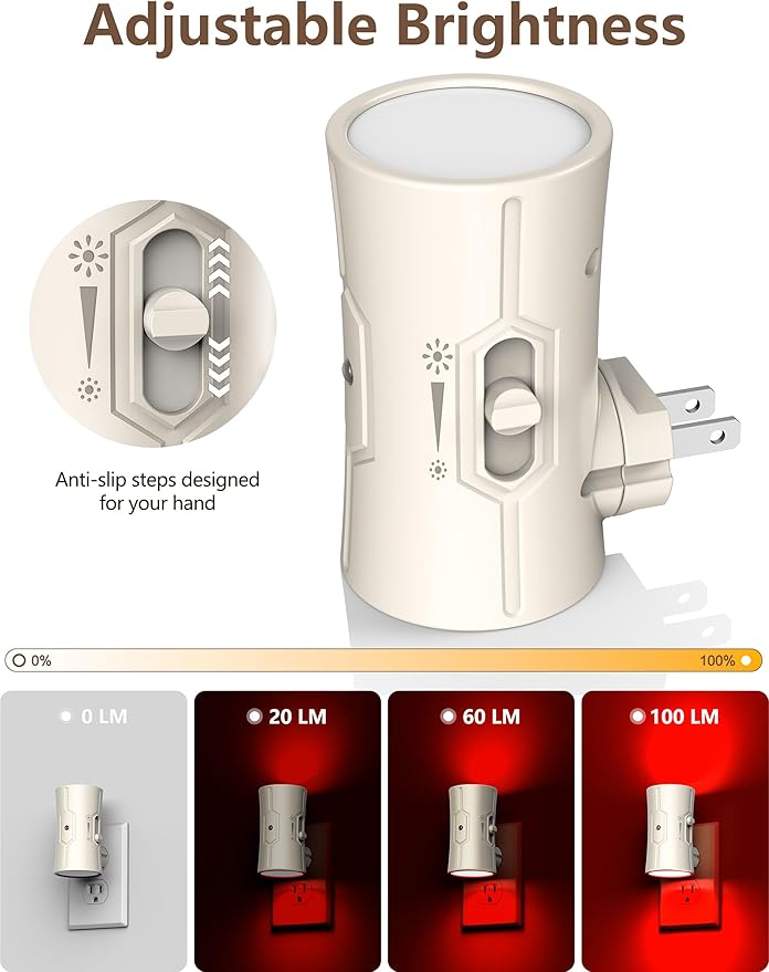 Night Light, Night Lights Plug into Wall [2 Pack], 0-100LM Adjustable Brightness Light Sensor Nightlights Plug in Wall for Hallway, Bathroom, Adults, Red Led Nightlight