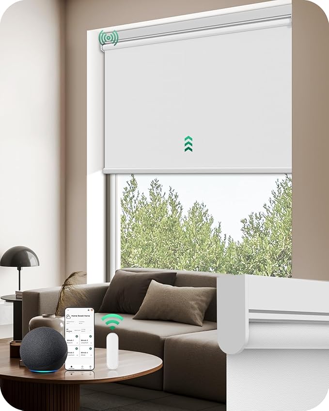 Allesin Motorized Roller Blinds with Remote Control for Windows, Blackout Automatic Smart Shades,Dry Battery Powered Electric Blind (White 39" W x 72" H)