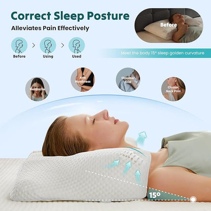 DUMOS Cervical Neck Pillow, Cooling Ergonomic Memory Foam Pillows for Neck Pain Relief with Breathable Pillowcase, Dual Height Orthopedic Support Contour Pillow for Side, Back, Stomach Sleepers, White