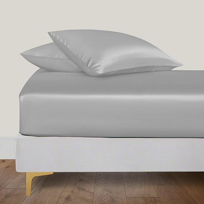 LINENWALAS Fitted Sheet Only Viscose Derived from Bamboo, Bottom Sheet for Full Size Bed – 16” Deep Pocket, All Around Snug Fit – Cooling, Breathable, Soft, Hypoallergenic (Light Grey, Full)