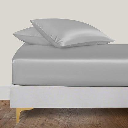 LINENWALAS Fitted Sheet Only Viscose Derived from Bamboo, Bottom Sheet for Twin Size Bed – 16” Deep Pocket, All Around Snug Fit – Cooling, Breathable, Soft, Hypoallergenic (Light Grey, Twin)