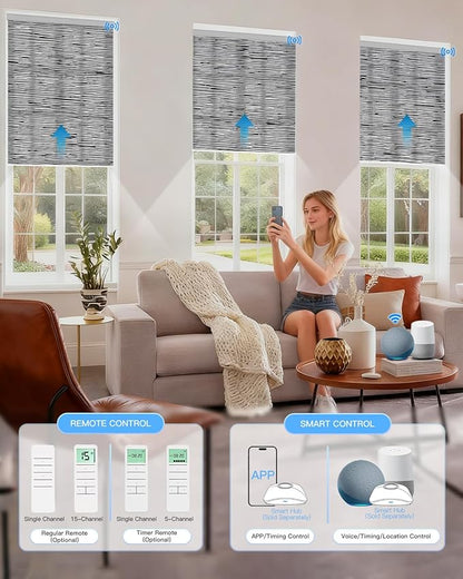 Motorized Light Filtering Roller Shades with Remote Control, Smart Blinds for Windows Work with Alexa Google via Hub, Rechargeable Electric Window Shade Customized Size (Texture Black Grey)