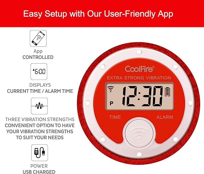 Coolfire Vibrating Alarm Clock Wristband, Silent Wake-Up Watch for Heavy Sleepers, Won’t Disturb Partner, Couples/Roommates, Deaf/Hearing Impaired, 4 Alarms, Bluetooth App, Rechargeable (RED)