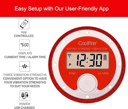 Coolfire Vibrating Alarm Clock Wristband, Silent Wake-Up Watch for Heavy Sleepers, Won’t Disturb Partner, Couples/Roommates, Deaf/Hearing Impaired, 4 Alarms, Bluetooth App, Rechargeable (RED)