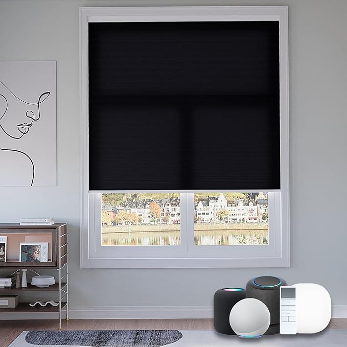 Motorized Cellular Shades with Remote, Light Filtering Smart Cellular Shades Compatible with Alexa, Honeycomb Window Blinds for Bedroom Home Office, Custom Size, Half Shading Black