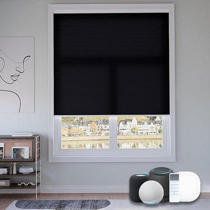 Motorized Cellular Shades with Remote, Light Filtering Smart Cellular Shades Compatible with Alexa, Honeycomb Window Blinds for Bedroom Home Office, Custom Size, Half Shading Black