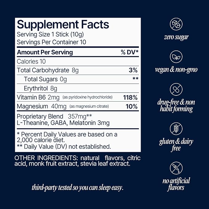 Som Sleep Zero Sugar Sleep Powder Drink Mix, Magnesium, L-Theanine, GABA, Melatonin (3mg), B6, Restful Sleep Support, Sleep Aid Supplement, Vegan, Non-GMO, Gluten-Free, 20 Stick Packs