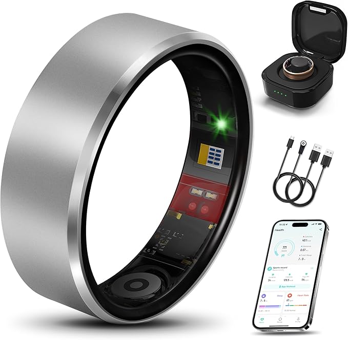 Smart Health Ring 2.0 for Women Men, Slim Scratch & Fingerprint Resistant Design,Efficient Chip Fitness Tracker, Monitors Heart, Blood Oxygen & Pressure, Sleep, Steps, Waterproof, Silver 14