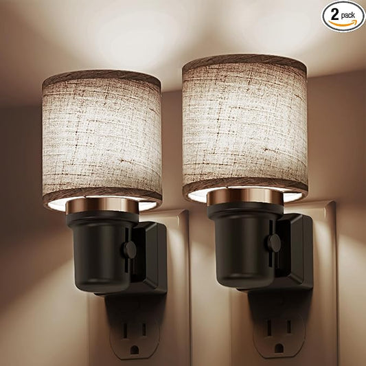L LOHAS LED Night Lights Plug into Wall, 2 Pack Linen Fabric Cylinder Decor Night Light, Dusk to Dawn Sensor Vintage Nightlight, 5000K Daylight 0-100LM Dimmable, for Bedroom Living Room Hallway