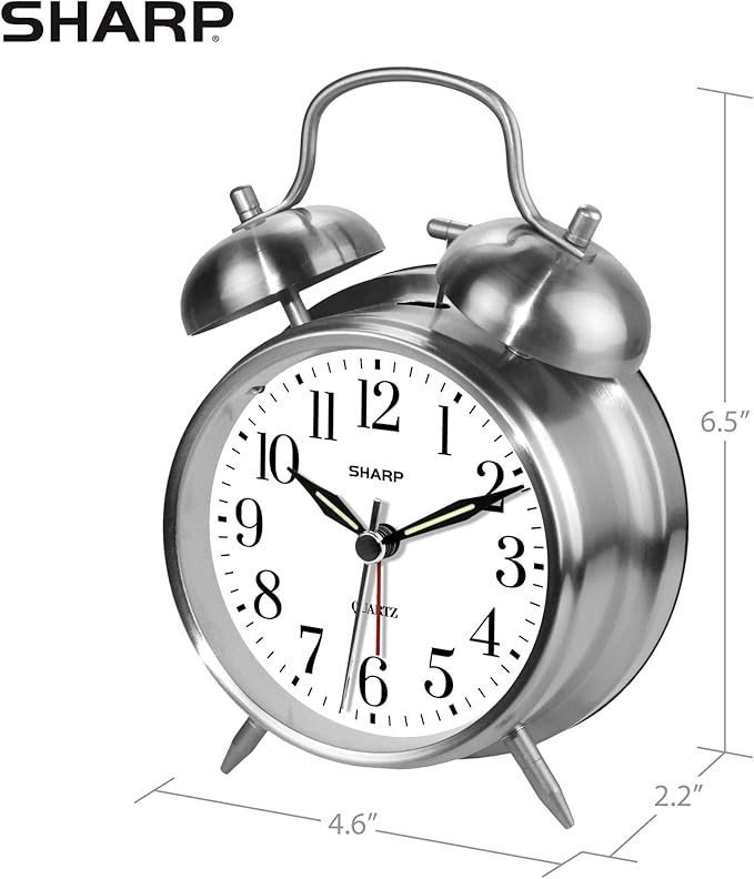 Sharp Twin Bell Alarm Clock - Loud Alarm - Great for Heavy Sleepers - Battery Operated Quartz Analog Clock (Brushed Silver)