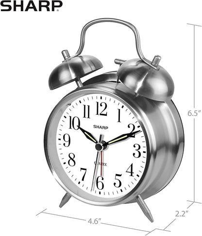 Sharp Twin Bell Alarm Clock - Loud Alarm - Great for Heavy Sleepers - Battery Operated Quartz Analog Clock (Brushed Silver)