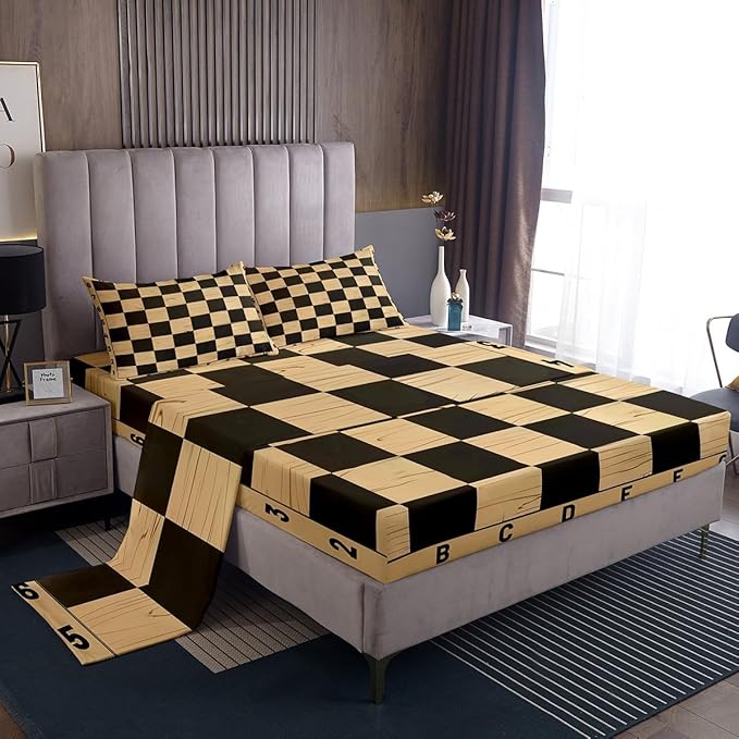 Manfei Geometric Grids Fitted Sheet King Size with 2 Pillowcases,Retro International Chess Chic Sport Game Bed Sheet Set,Brown Wooden Print Checkerboard Plaids Top Flat Sheet Microfiber Breathable