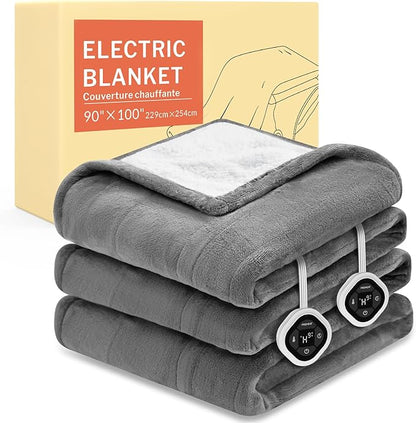 HOMLYNS LuxeHeat Heated Blanket Electric Blanket King Size, Soft Flannel Sherpa Heating Blanket with 10 Heat Settings, 1-10 hrs Timer Auto Shut Off (90x100 inches, Grey)
