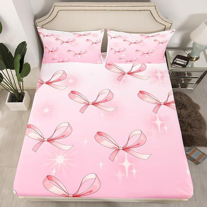 Pink Bowknots Fitted Sheet Set with 2 Pillowcase,Glitter Starry Bow Dreamy Microfiber Mattress Cover,Princess Fairy Tale Theme Bow-tie Girly Bed Cover Queen Size